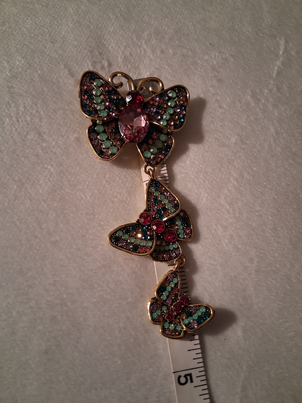 Gold-Tone Multicolor Butterfly Dangle Brooch with Pink Center Stones